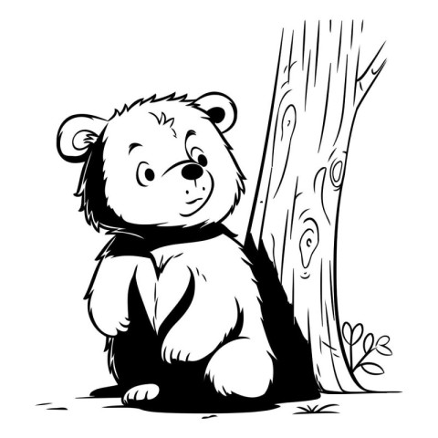 Vector image of a cute bear sitting near a tree. Coloring book f