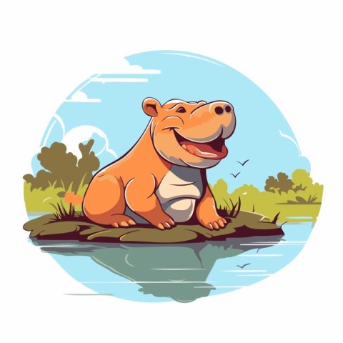 Hippopotamus sitting on a rock in the river. Vector illustration