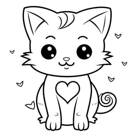 Black And White Cute Cartoon Cat Character With Heart Vector Ill