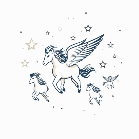 Cute hand drawn vector illustration of a flying white unicorn wi