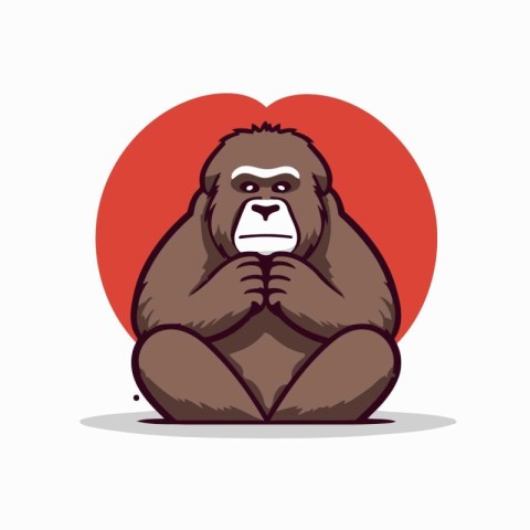 Gorilla sitting in front of a red heart. Vector illustration.