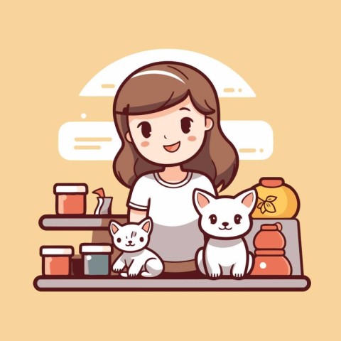 cute little girl with cat in the kitchen. vector illustration.