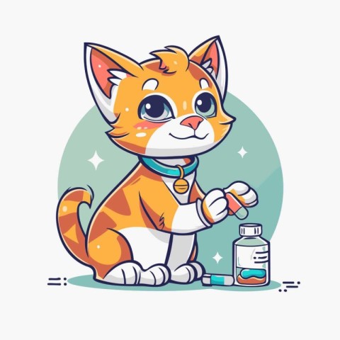 Cute cartoon cat with a bottle of medicine. Vector illustration.