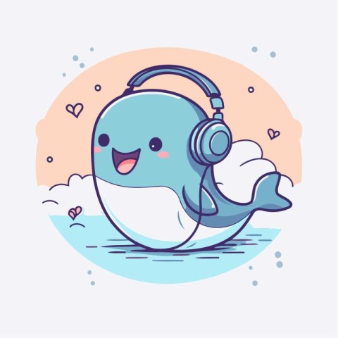 Cute cartoon whale listening to music on headphones. vector illu