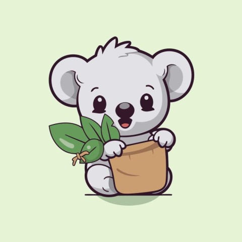 Cute koala holding a bag of leaves. Vector illustration.