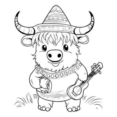 Cute bull in sombrero with ukulele. Vector illustration.