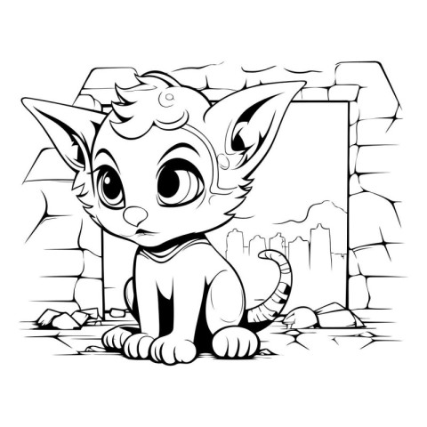 Black and White Cartoon Illustration of Cute Little Cat Animal C