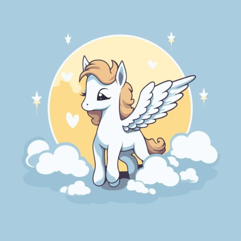 Cute cartoon pony with wings on the clouds. Vector illustration.