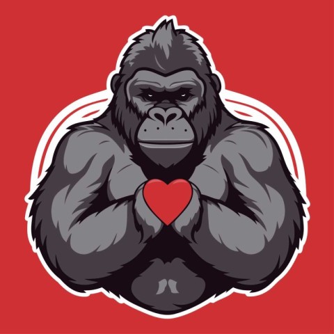 Gorilla with red heart in his hands. Vector illustration.