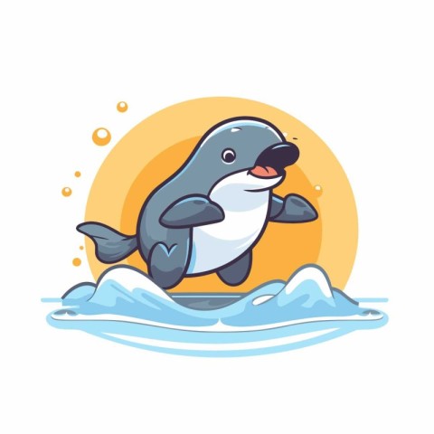 Cute cartoon killer whale swimming in the sea. Vector illustrati