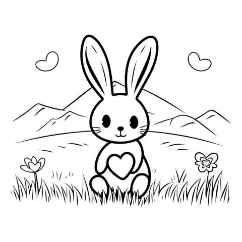 cute little rabbit with heart in the grass. valentines day vecto