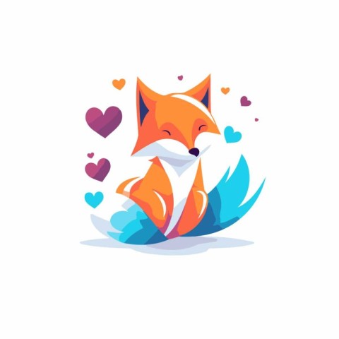 Cute fox with hearts. Vector illustration in flat cartoon style.