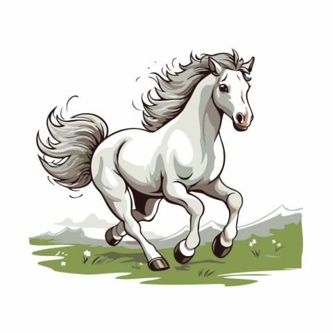 White horse running on green meadow. Vector illustration isolate