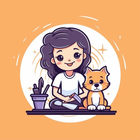 Cute little girl and her dog. Vector illustration in cartoon sty