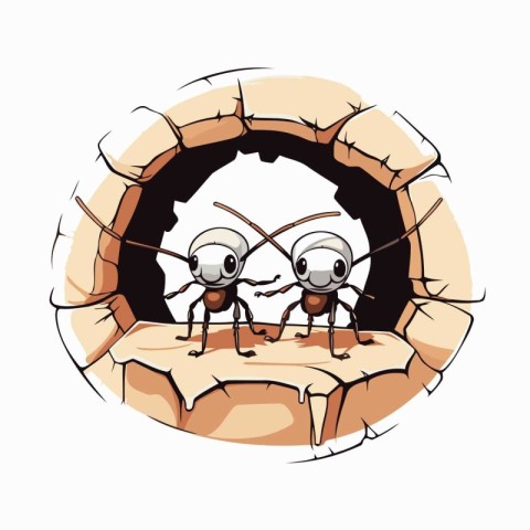 Ants breaking through the hole in the wall. Vector illustration.