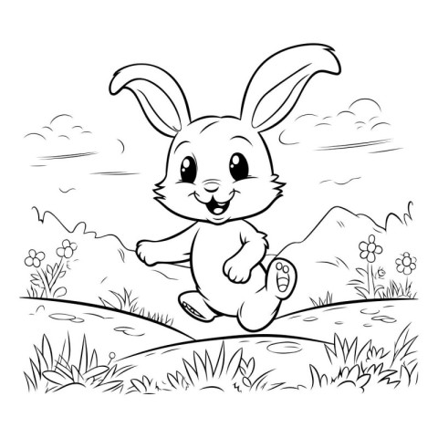 rabbit sitting on the grass. black and white vector illustration