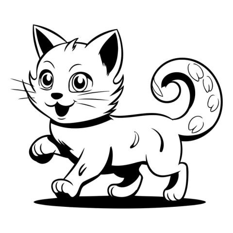 Cute Cartoon Cat Running - Black and White Illustration. Vector