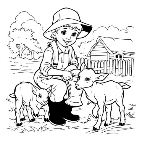 Farmer with little lambs. Black and white vector illustration.