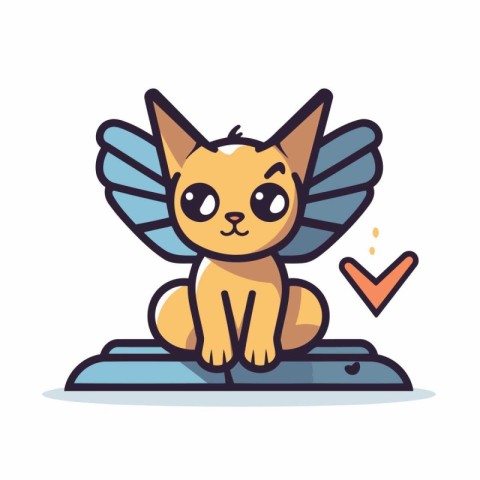 Cute little dog with wings sitting on a pedestal. Vector illustr