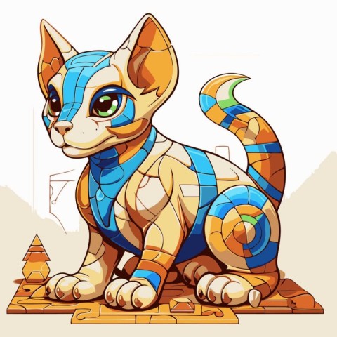 Illustration of a cat with blue eyes sitting on a stone.