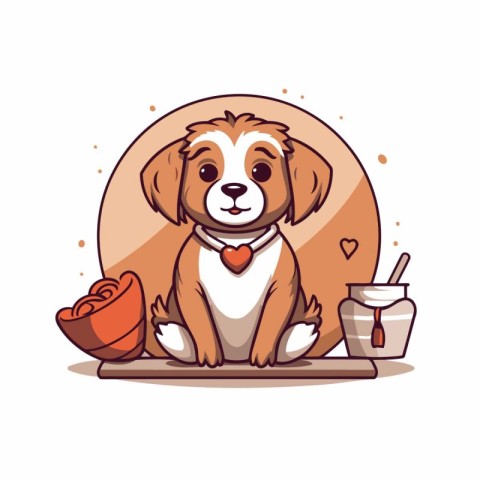 Cute Beagle dog sitting on a plate with a bowl of honey. Vector