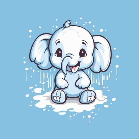 Cute cartoon elephant with splashes of water. Vector illustratio