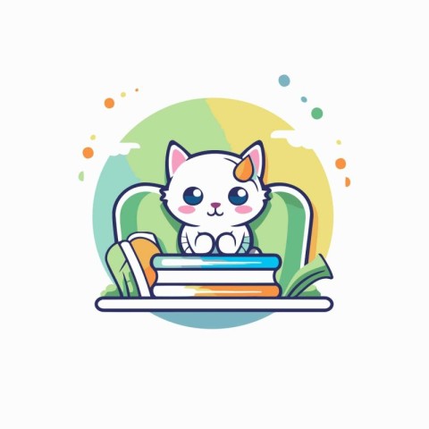 Cute cat with books. Vector illustration in a flat style.