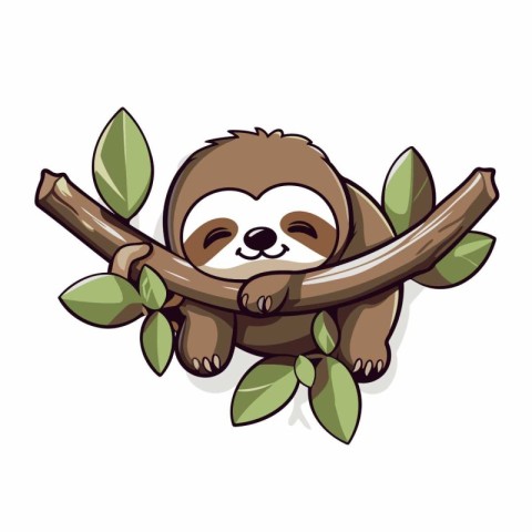 Cute cartoon sloth hanging on a tree branch. Vector illustration