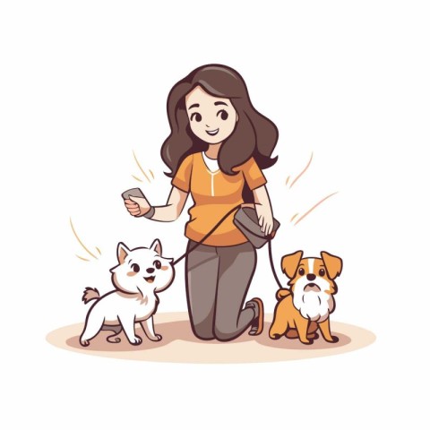 Woman walking with her dogs. Vector illustration in flat cartoon