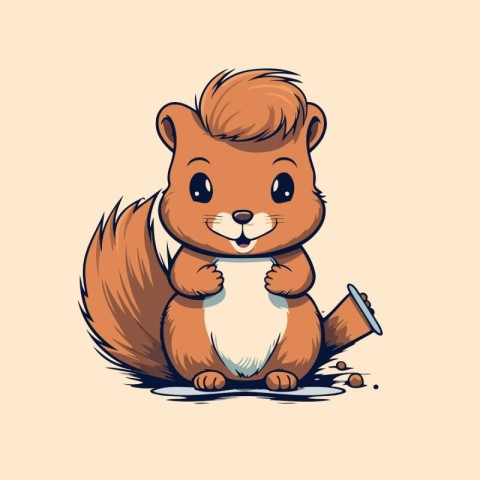 Cute cartoon squirrel with a cup of coffee. Vector illustration.