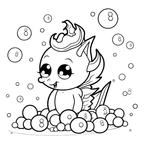 Black and white vector illustration of a cute cartoon dragon. Co