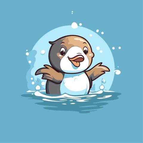 Cute penguin swimming in the water. Cartoon vector illustration.