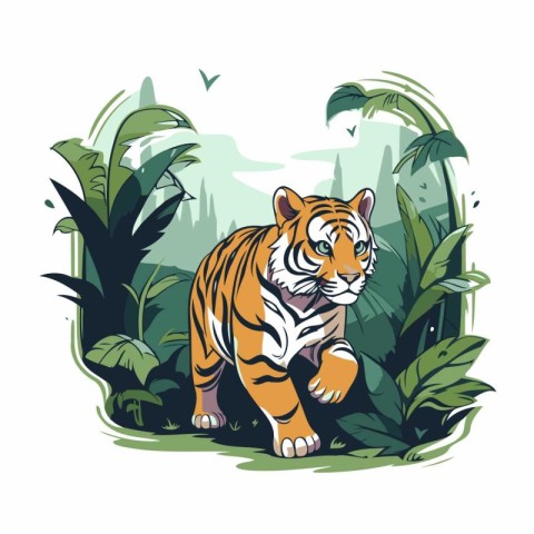 Tiger in jungle. Jungle animal vector illustration. Wild cat in