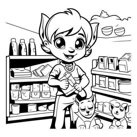 Black and white illustration of a boy with a dog in a pet shop.