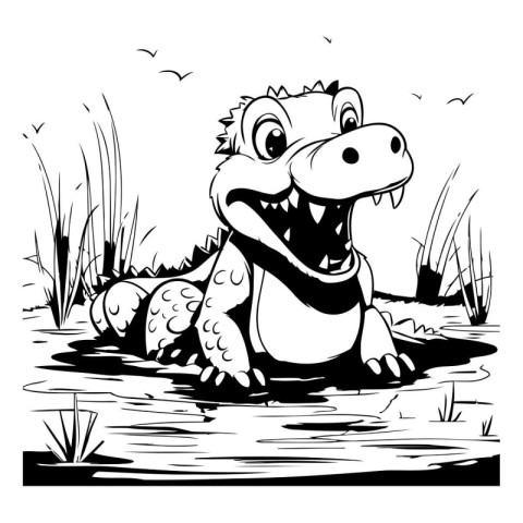 Dinosaur in the pond. Vector illustration. Black and white.