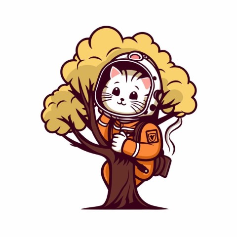 Cute cat astronaut in a spacesuit on a tree. Vector illustration