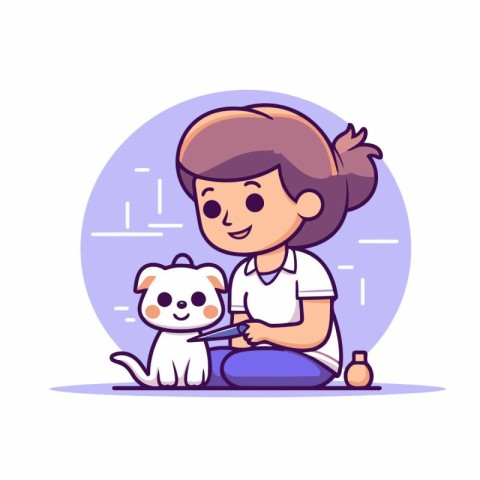 Cute little girl playing with dog. Vector illustration in cartoo