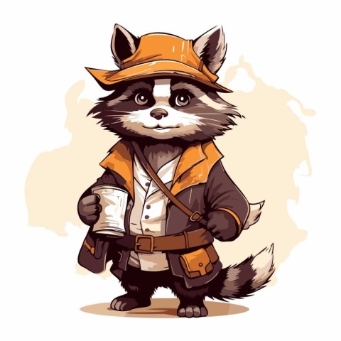 Raccoon in a jacket and hat. Vector illustration on a white back