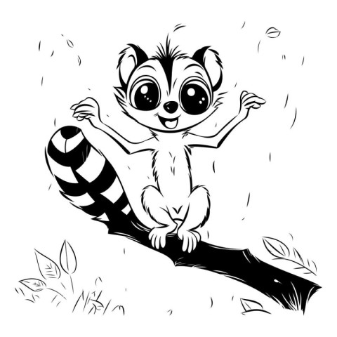 Cute cartoon lemur sitting on a tree branch. Vector illustration