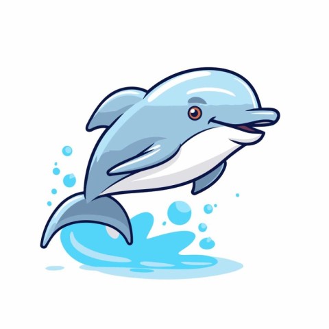 Cute cartoon dolphin jumping out of the water. Vector illustrati