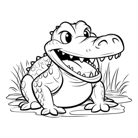 Crocodile - Black and White Cartoon Illustration. Vector