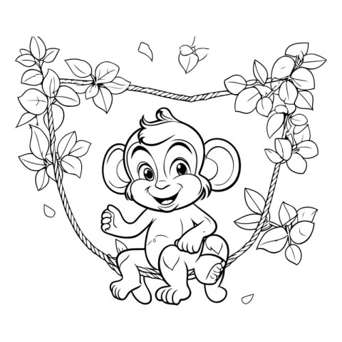 Cute baby monkey sitting on a rope. Coloring book for children.