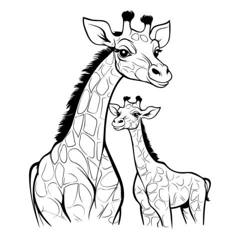 Giraffe and baby. Black and white vector illustration for colori