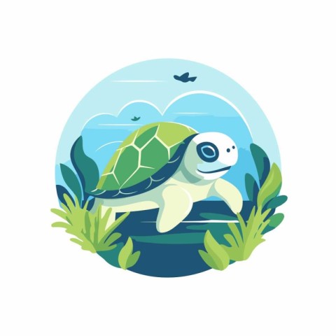 Turtle on the background of the sea. Vector illustration in flat