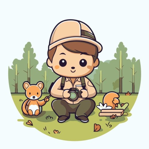 boy with camera and bear in the park. vector illustration. eps