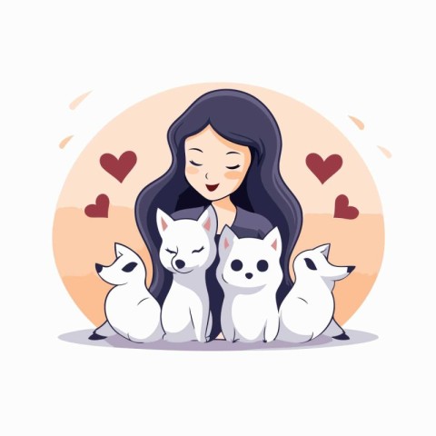 Vector illustration of a girl with her pets. Cute cartoon style.