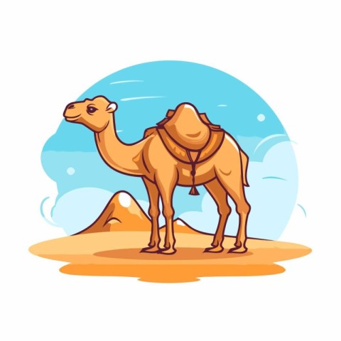 Camel on the sand. Vector illustration in flat cartoon style.