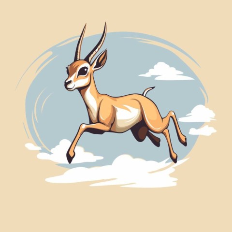 Gazelle jumping in the sky with clouds. Vector illustration.