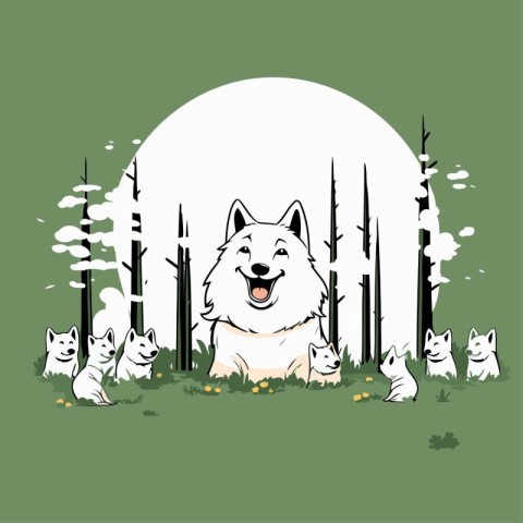 Cute cartoon husky dog in the forest. Vector illustration.