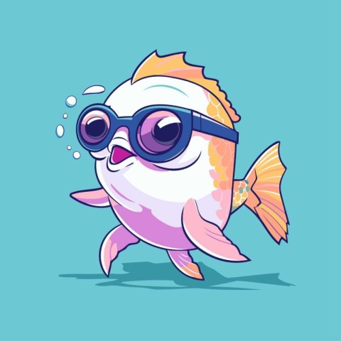 Cute cartoon fish with sunglasses. Vector illustration on blue b